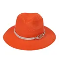 Summer bright orange foldable straw Panama hat with white rope and gold buckle detail - 56-58cm / With Twisted Rope and Metal Chain Buckle / Orange