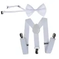 White children elastic Y-back suspenders set with matching bowtie and silver metal clips - 60cm Length / Kids Single Layer Bow Tie / White