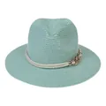 Mint green straw fedora hat featuring white rope trim and a gold buckle detail - 56-58cm / With Twisted Rope and Metal Chain Buckle / Mint Green