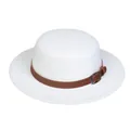 Detail view of white wool felt fedora hat featuring a brown leather band and silver buckle - M (56-58cm) / White