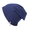 Dark blue knitted slouchy beanie hat featuring a trendy silver metal ring detail - One Size / Blue