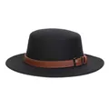 Classic black wool felt boater hat with a brown leather belt and metallic buckle trim - M (56-58cm) / Black