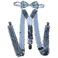 Silver sequin bow tie and Y-back suspender set with metal clips for formal wear - Silver Sequin Set