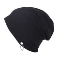 Black knit beanie with double silver metal rings decoration in streetwear hip-hop style - One Size / Black