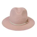 Pink Panama straw hat with wide brim, braided rope band and gold chain accent for women - 56-58cm / With Twisted Rope and Metal Chain Buckle / Flesh Pink