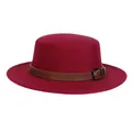 Burgundy wool felt boater hat with a brown faux leather belt buckle strap decoration - M (56-58cm) / Burgundy