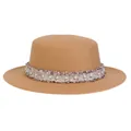 Sombrero fedora de lana caqui de ala plana con elegantes perlas y borlas tejidas - M (56-58cm) / Caqui