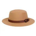 Classic camel wool felt flat top boater hat with a dark brown leather band and metal buckle - M (56-58cm) / Khaki