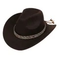 Detailed close-up of dark brown wool felt cowboy hat with ethnic beadwork and leather fringe - Ethnic Woven Band (159-A)
