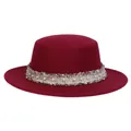 Sombrero de lana granate de copa plana con cinta de perlas y flecos de tweed - M (56-58cm) / Burdeos