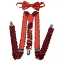 Elastic red sequin suspenders and bowtie set for adults with adjustable metal clips - Red Sequin Set