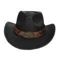 Detail eines Western-Cowboyhuts mit Vintage-Riss-Textur und Longhorn-Stier-Metallschnalle - M (56-58cm) / Herz-Top (141A) / Schwarz