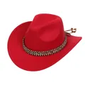 Classic red British style western cowboy hat with ethnic braided band and bead tassels - Ethnic Woven Band (159-B)
