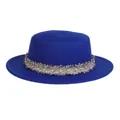 Sombrero boater de lana azul real con perlas y cinta tejida con borlas de moda - M (56-58cm) / Azul Zafiro