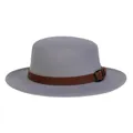 Classic grey felt boater hat with a dark brown leather band and metallic buckle - M (56-58cm) / Gray