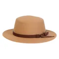 Flacher Wollfilzhut in Camel mit braunem Zierband und metallischen Details für Damen - M (56-58cm) / Khaki