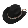 Classic black wool felt cowboy hat with ethnic woven band and wooden bead details - Ethnic Woven Band (159-C)