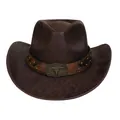 Detail eines Vintage Westernhuts mit Lederoptik und Bullenkopf-Metallschnalle - M (56-58cm) / Herz-Top (141B) / Kaffeebraun