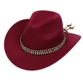 Detail of burgundy fedora hat with ethnic woven band and side leather bead accents - Ethnic Woven Band (159-D)