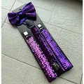 Sparkly purple sequin bowtie and suspenders set with adjustable silver clips for parties - Purple Sequins Set
