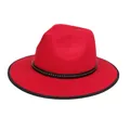 Detail of red fedora hat featuring black leather band with golden rivet studs - Ox Head Rivet Style (2HAT081) / Red