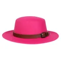 Fuchsia wool felt fedora hat featuring a vintage brown leather belt buckle detail - M (56-58cm) / Rose Red