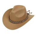Detail of khaki felt cowboy hat featuring ethnic woven band and wooden bead tassels - Ethnic Woven Band (159-E)