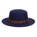 Classic navy blue wool felt fedora with a brown leather belt buckle band for women - M (56-58cm) / Navy Blue