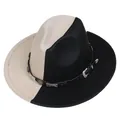 Close-up of bicolor fedora hat with star-studded band and vintage western buckle - Star Metal Decor Style / Black Beige