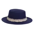 Dunkelblauer Wollfilz-Flachhut mit Perlenbesatz und Tweed-Verzierung im Panama-Stil - M (56-58cm) / Marineblau