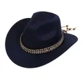 Deep blue felt cowboy hat detail with ethnic woven band and turquoise beads decoration - Ethnic Woven Band (159-F)