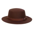 Dark brown wool felt flat top boater hat featuring a stylish leather buckle belt band - M (56-58cm) / Coffee