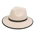 Detail of beige wool fedora featuring a black band with silver bull head and metal studs - Ox Head Rivet Style (2HAT081) / Beige