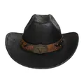 Detail of western cowboy hat with brown leather band, rivets and metal bull head buckle - M (56-58cm) / Straight Top (142A) / Black