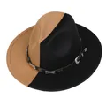 Detail of two-tone khaki and black fedora hat with star-studded leather band - Star Metal Decor Style / Black Khaki