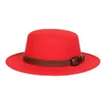 Classic red wool felt boater hat with a dark brown leather band and metal buckle - M (56-58cm) / Red