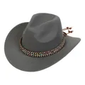 Detail of dark grey felt cowboy hat featuring ethnic woven band and brown wooden beads - Ethnic Woven Band (159-G)