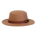Classic camel wool felt boater hat with a dark brown leather belt buckle strap - M (56-58cm) / Camel