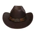 Close-up of vintage brown faux leather cowboy hat featuring a bull skull metal buckle - M (56-58cm) / Straight Top (142B) / Coffee