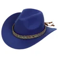 Detailed view of dark blue felt cowboy hat with ethnic woven band and wood bead tassel - Ethnic Woven Band (159-H)