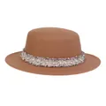 Flacher brauner Wollhut mit floralem Schmuckband und Perlenbesatz im Vintage-Stil - M (56-58cm) / Camel