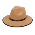 Close-up of camel wool fedora hat featuring black rivet band and trim on white background - Ox Head Rivet Style (2HAT081) / Gray