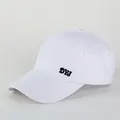 Detail of white cotton ponytail sun hat featuring black DYJ embroidery on the side - Adjustable 56-60cm / White
