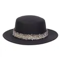 Eleganter schwarzer Woll-Boater-Hut mit perlenbesetztem Tweedband und breiter Krempe - M (56-58cm) / Dunkelgrau
