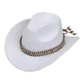 Detail of white felt cowboy hat with bohemian woven band and wooden bead tassels - Ethnic Woven Band (159-I)