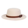 Chic beige wool felt boater hat with decorative brown leather buckle band - M (56-58cm) / Beige
