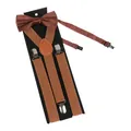 Men's brown elastic suspenders and matching satin bowtie set with metal clips - Camel Set