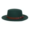 Dark green wool fedora hat with brown leather strap and metal buckle for women - M (56-58cm) / Dark Green