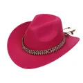 Detail of fuchsia wool cowboy hat with patterned woven band and hanging leather beads - Ethnic Woven Band (159-J)