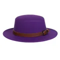 Vintage purple wool felt boater hat with a brown leather decorative band and buckle - M (56-58cm) / Purple